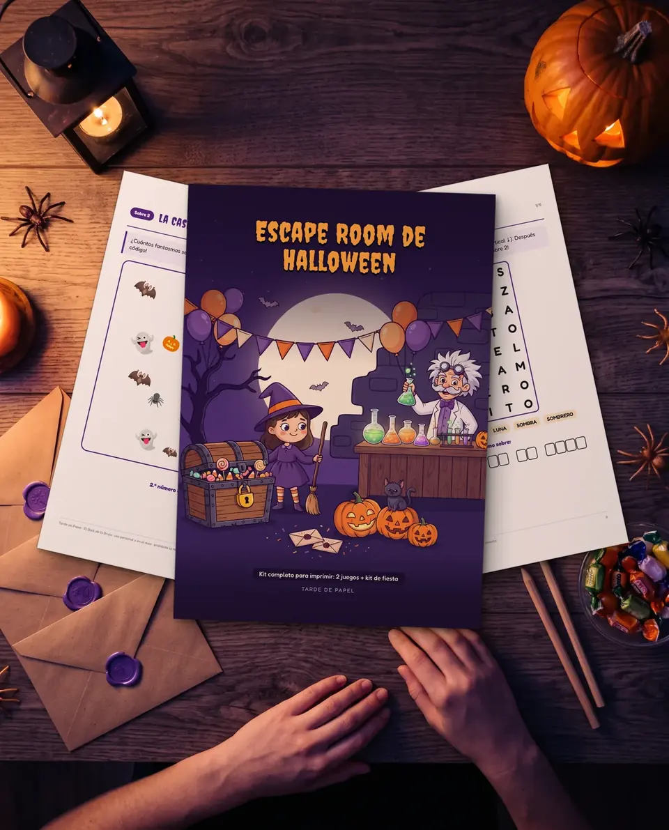 La portada del kit Escape Room de Halloween y dos páginas impresas sobre la mesa